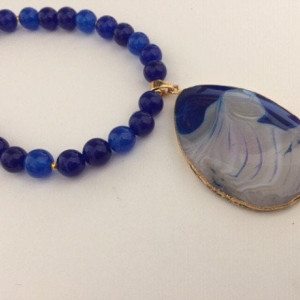 Deep Blue Beaded Necklace with Slice Pendant