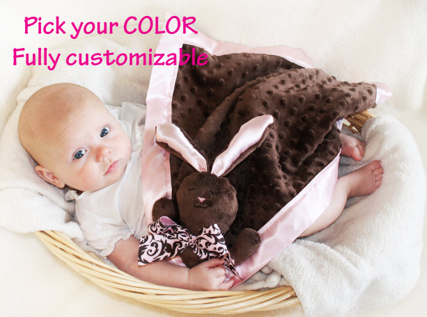 Brown Minky Bunny Rabbit Security Blanket, Lovey Blanket, Satin, Baby Blanket, Stuffed Animal, Baby Toy - Customize Color