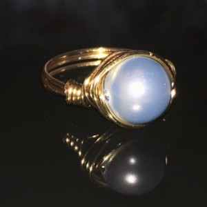 Handmade 14kt Gold Filled Wire Wrapped Baby Blue Swarovski Solitaire Crystal Pearl Ring