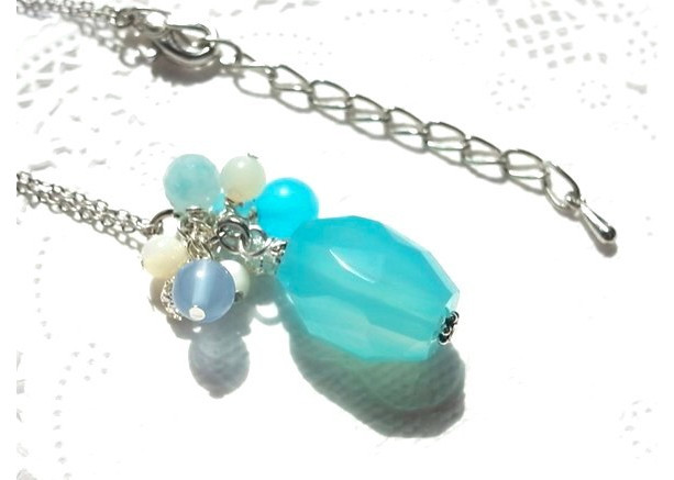 Necklace Aqua Color Natural Stone Beads Summer Resort Beach Sea Nugget Pendant Silver Plated Blue Chalcedony
