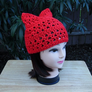 Women's Bright Lipstick Red Pussy Cat Hat, Summer Lacy PussyHat Lightweight Soft Acrylic Crochet Knit Solid Red Thin Beanie, Resist, Ready to Ship in 3 Days