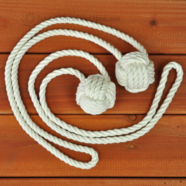 White Large Cotton Rope Monkey Fist Knot Handmade Curtain Tiebacks nautical 