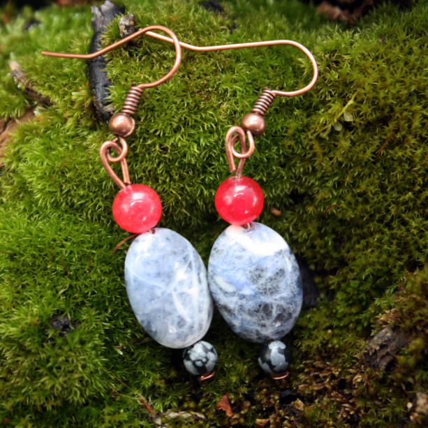 Sodalite earrings with snowflake obsidian and quartzite accents on copper