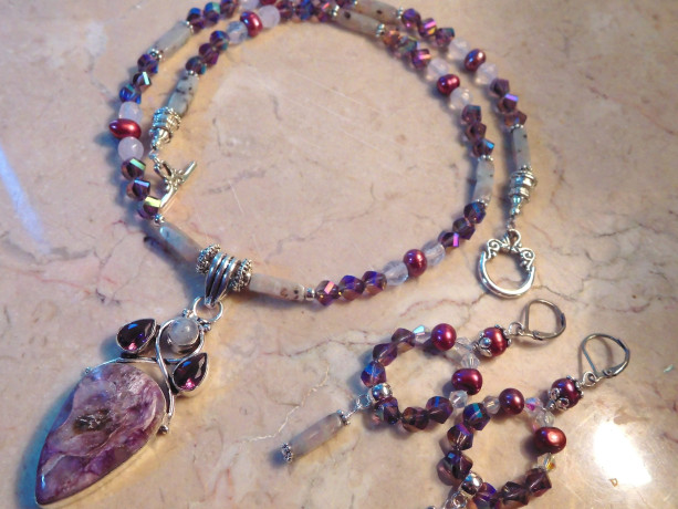 Multi-stone beads Necklace in the center 925 Sterling Silver Overlay CHAROITE/AMETHYST pendant and matching earrings set.#NBES0098