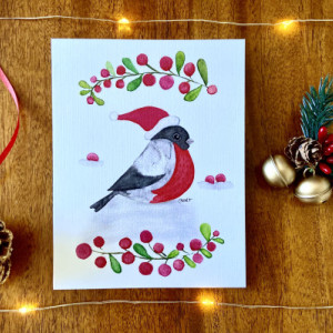 Set of 5 original Christmas holiday note cards with a cheerful bird. Beautiful watercolor. Made with love.