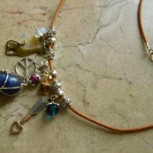 Natural leather Necklace with Lapis Lazuli pendant and charms beads,  #N00139