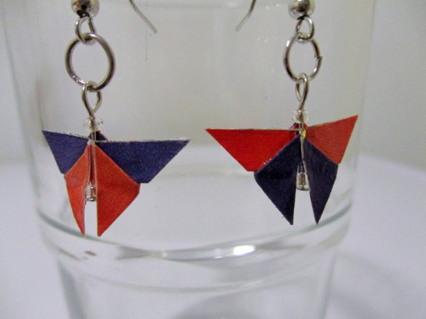 Upcycled butterfly origami earrings - color block red and navy print – recycled – repurposed – green – eco friendly  – upcycled paper