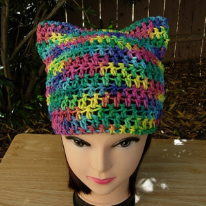 Women's or Men's Colorful Rainbow Summer Pussy Cat Hat 100% Cotton Lightweight Blue Yellow Green Pink Purple Crochet Knit Thin Beanie, Ready to Ship in 3 Days