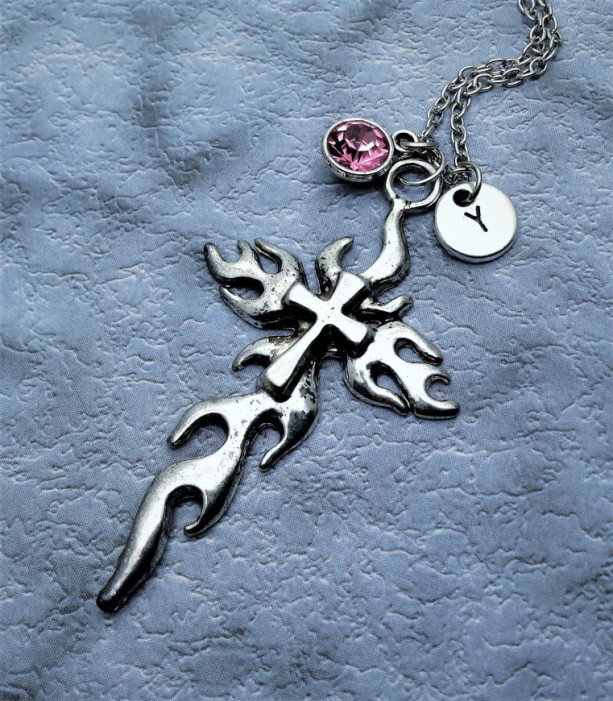 Personalized Flame Cross Necklace 