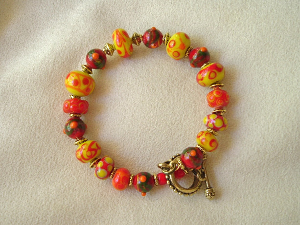 Fiesta Lampwork Glass Bead Bracelet with Antique Gold Clasp