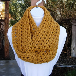 Women's Mustard INFINITY LOOP SCARF, Solid Gold Dark Yellow Cowl, Soft Wool Blend Crochet Knit Winter Circle, Neck Warmer..Ready to Ship in 3 Days