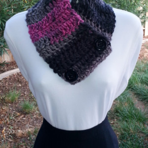 Black Gray Grey Raspberry Pink NECK WARMER SCARF with Large Black Buttons, Soft Acrylic Crochet Knit, Women's Buttoned Cowl Scarflette..Ready to Ship in 3 Days