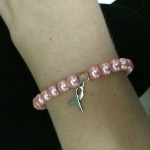 Pink ribbon, breast cancer awareness bracelet, pink pearl and silver charm