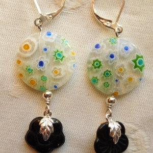 Bohemian earrings with multicolor Millefiori Coin Glass Beads, and black flower glass bead with a leaf connector .#E00289