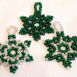 3 Beaded Snowflake Ornaments,  Green, Silver Handmade Seed Bead Christmas Ornament, Christmas Tree Decoration, Holiday Ornament, Christmas Gift