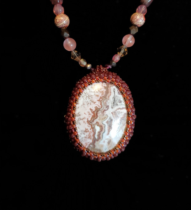 Necklace/Earrings- Crazy Lace Agate with Bead Bezel/Necklace - ID 56