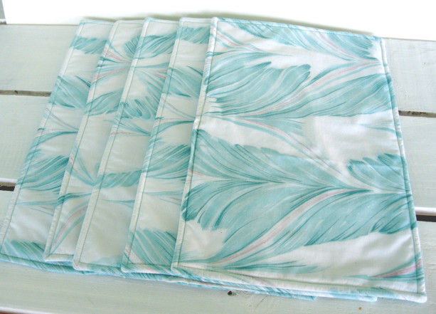 Aqua print handmade reversible placemats: set of 5; table linens, luncheon place mats