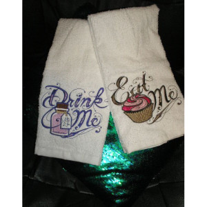 PAIR hand towels - Eat Me & Drink Me - Alice in Wonderland 15 x 25 inch for kitchen / bath MORE COLORS terry cloth