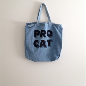 Bleached denim cat tote bag, typography, gift for cat lover, cat lady, canvas tote bag, grocery bag, trick or treating, halloween, cool cat
