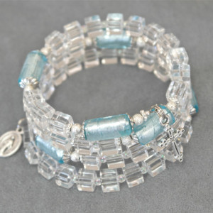 Rosary Bracelet of Clear and Light Blue Glass with Silver Plated Findings