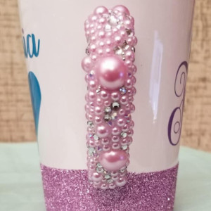 Custom Diamond and Pearls Handle Coffe Mug with Monogram Initals