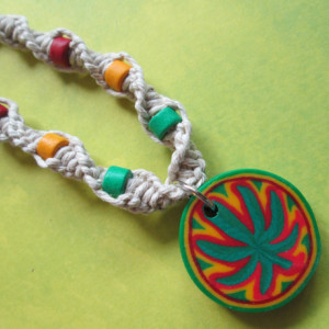 Handmade Natural Hemp Necklace with Awesome Clay Cannabis Leaf Pendant- Rasta Pendant- Rasta Beaded Necklace- Marijuana Leaf Hemp Necklace