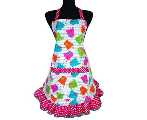 Retro Kitchen Apron for Women , Neon Chinese Take Out Boxes , Adjustable with Ruffle