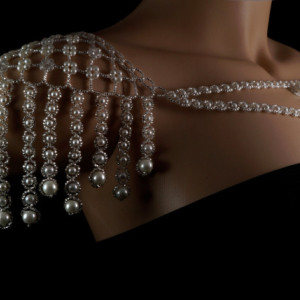 Silver Czech glass + pearl beaded fringe shoulder necklace. pearl fringe shoulder necklace. bridal pearl fringe shoulder necklace