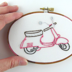 Pink Scooter Embroidery Hoop-Pink Scooter-Scooter-Pink Vespa-Vespa--Scooter Embroidery-Vespa Embroidery-Scooter Hoop-Vespa Hoop-Cute Scooter