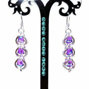 Purple dangle earrings chainmaille captured bead