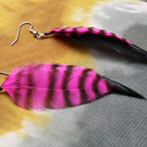 Black Feather Earrings with Pink and Black Grizzly Feather 