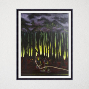 The Brave-acrylic painting of fireman putting out forest fire