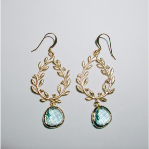 Gold Plated Laurel Wreath and Aquamarine Glass Gemstone Dangle Earrings Bridesmaid
