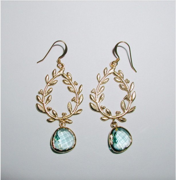 Gold Plated Laurel Wreath and Aquamarine Glass Gemstone Dangle Earrings Bridesmaid