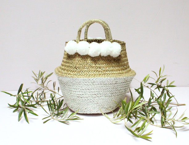 White Pom Poms Double Woven Sea Grass Belly Basket Panier Boule Storage Nursery Beach Picnic Toy Laundry, Dipped, Valentine's Day Gift