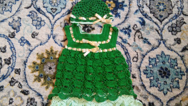 Crocheted baby girl dress and hat set