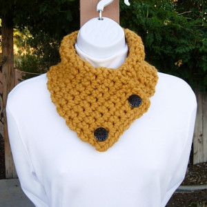 Mustard NECK WARMER SCARF, Small Buttoned Cowl, Dark Yellow Gold, Two Buttons, Thick Chunky Winter Crochet Knit, Ready to Ship in 3 Days