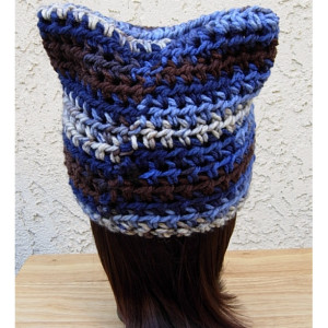Women's Blue, Dark Brown, Off White Striped Kitty Cat Hat with Ears, Soft Handmade Crochet Knit Warm Winter Beanie, Pussy Hat, Ready to Ship in 3 Days