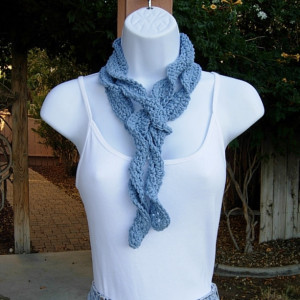 Light Solid Denim Blue Skinny SUMMER SCARF Women's Small Cotton Spiral Crochet Knit Narrow Lightweight Neck Tie, Ready to Ship in 3 Days