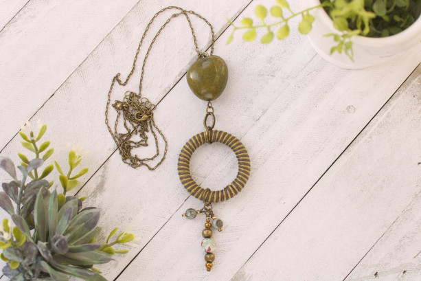 Olive Green Pendant Necklace, Round Pendant Necklace, Dangle Necklace, Green Charm Necklace