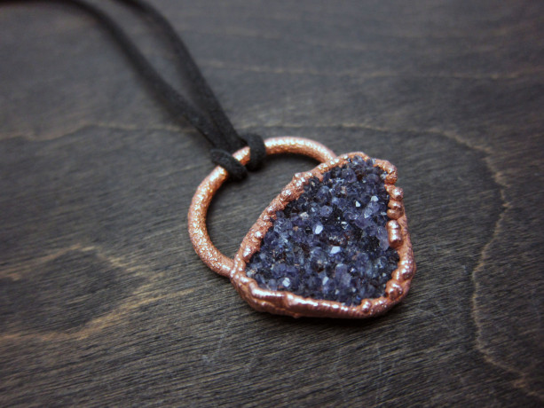 Unisex Large Raw Druzy Amethyst Rock Statement Necklace - Rough Gemstone set in Recycled Copper Pendant Necklace -  One of a Kind Amulet