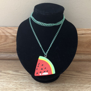 Upcycled Watermelon Fruit Slice Toy Eraser Necklace on Green Chain - Gift for Her