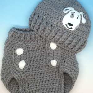 Crocheted baby boy diaper cover and hat set 