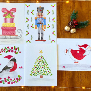 Set of 5 original and beautiful holiday cards. Blank inside. Cheerful greeting cards. Available in several themes. Made with love.