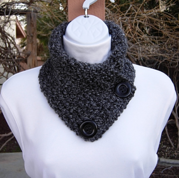 Women's Lightweight NECK WARMER Scarf, Buttoned Cowl, Black and Dark Gray, Soft Acrylic Crochet Knit Winter, with Two Large Black Resin Buttons, Ships in 3 Biz Days
