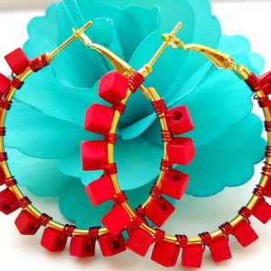 Red Wood Beaded Hoop Earrings, Aurora Red Gold Geometric Wood Earrings, Sorority Inspired Earrings, Gift Idea for Her Birthday