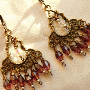Bohemian Chandelier bronze tone earrings with purple crystal glass beads and seed beads. E00287