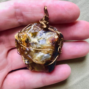 AMBER Healing Crystal Wrapped in Brass Wire (with choice of Necklace Strand Color)