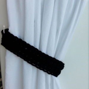 Black Curtain Tie Backs, Curtain Tiebacks, One Pair, Solid Basic Pure Black Holdbacks, Drapery Holders, Soft Crochet Knit, Ships in 3 Business Days