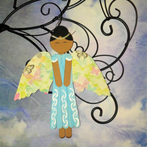Wood Angel in Light Blue Dress / Butterfly Wings / Personalized Hanging Angel Art / Ethnic Angel Decor